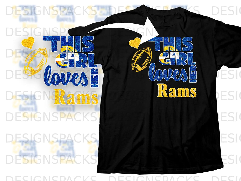 Black t-shirt with "This girl loves Rams" text and football graphic.
