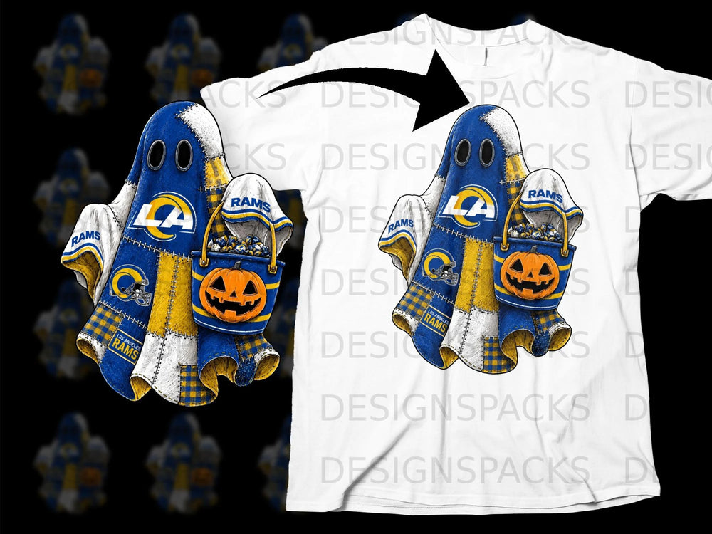 Los Angeles Rams ghost with pumpkin bucket on white t-shirt mockup.
