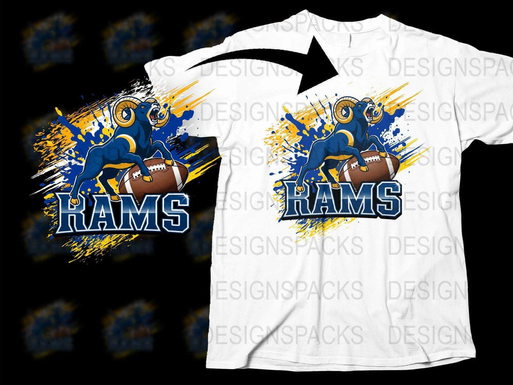 Rams Football T-Shirt, Blue and Yellow Mascot Design, Sports Fan Tee, Casual Wear