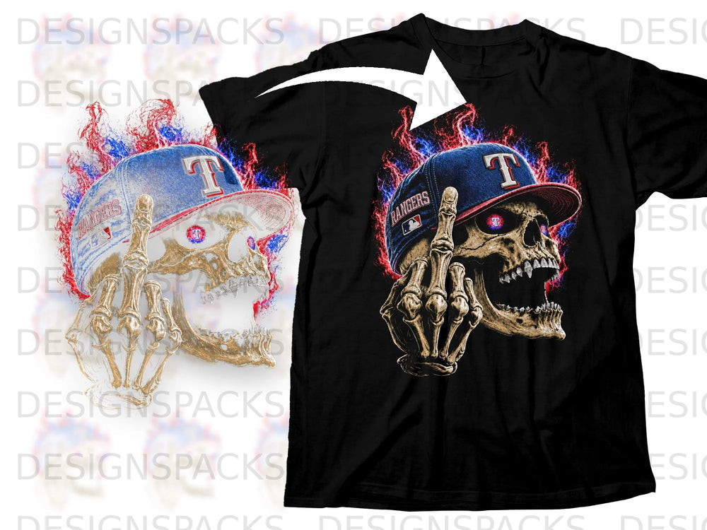 Skull wearing Rangers baseball cap, surrounded by fire, with skeleton hand.