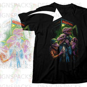 Black t-shirt with cartoon dinosaurs outside a red telephone booth.