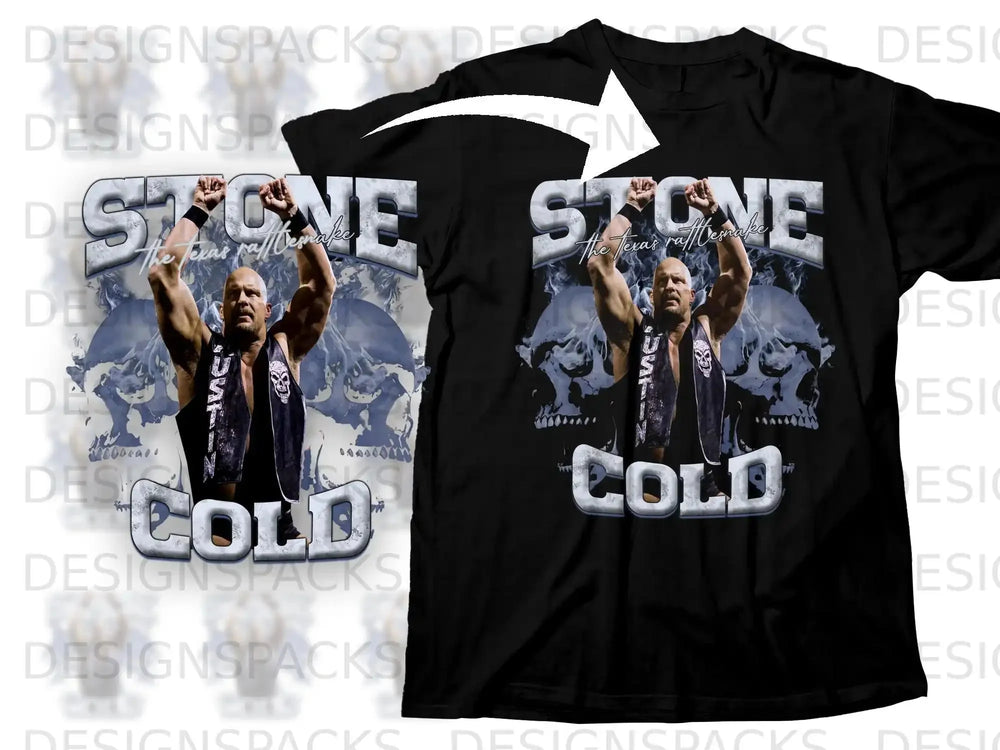 Black t-shirt with Stone Cold Steve Austin and skull graphic, "Stone Cold" text.