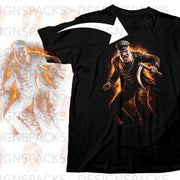 Black t-shirt with a graphic of a man with a scythe, engulfed in flames.
