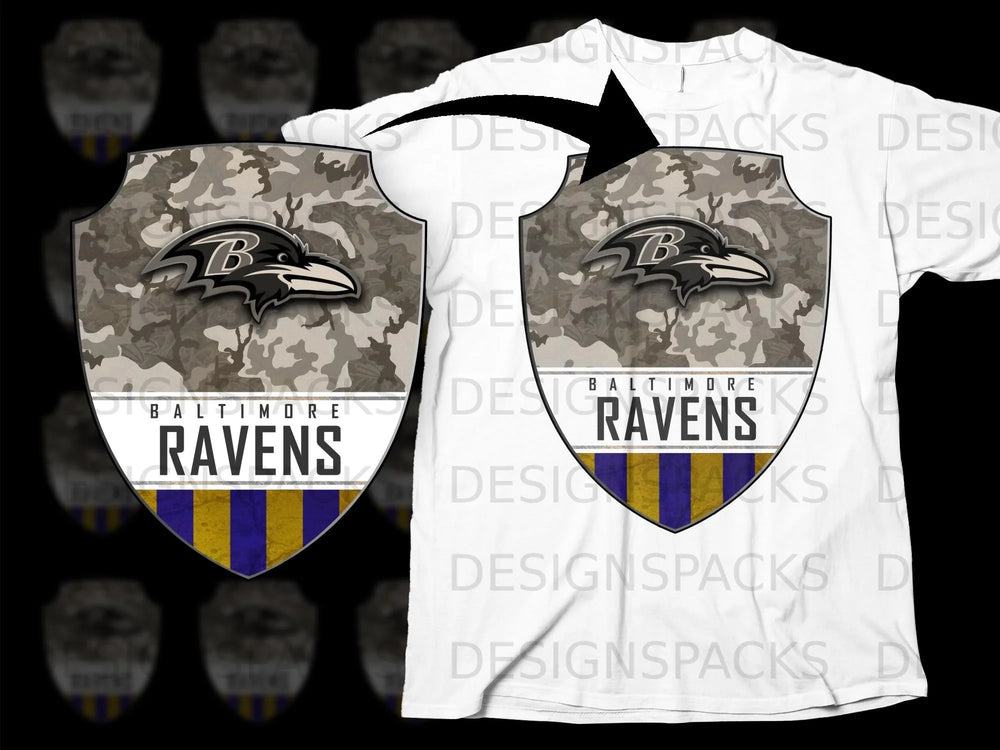Baltimore Ravens logo on a shield with camouflage and stripes, shown on a white t-shirt.