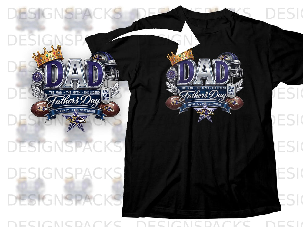 Black t-shirt graphic with "DAD" text, football helmets, crowns, and Father's Day theme.