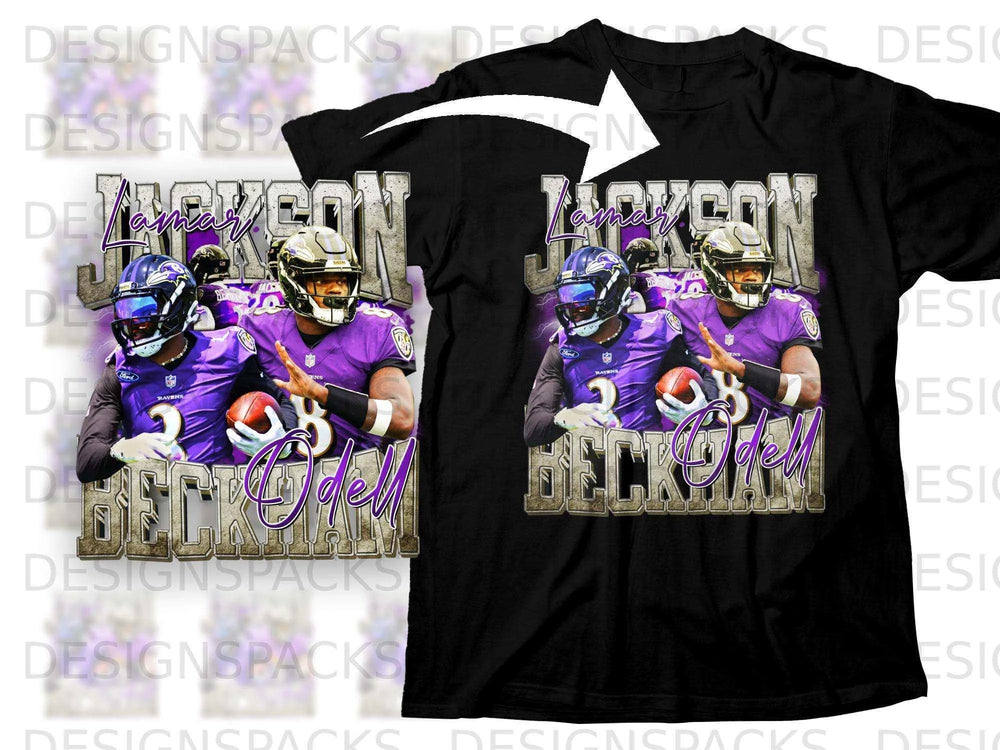 Black t-shirt featuring Lamar Jackson and Odell Beckham Jr. of the Baltimore Ravens.