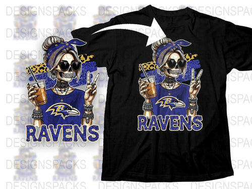 Baltimore Ravens Fan T-Shirt, Skull Design with Sunglasses and Drinks, Sports Team Apparel