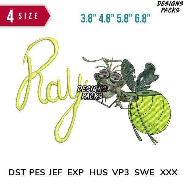 Cute grasshopper embroidery design with 'Ray' script, 4 sizes, DST PES formats for instant download