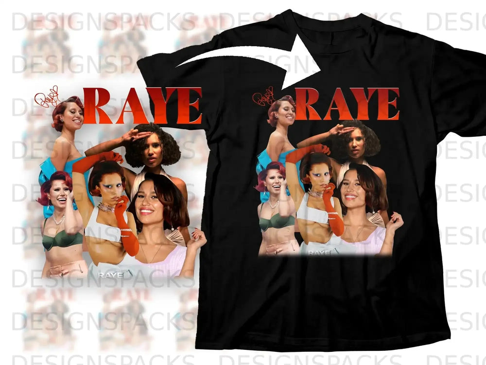 T-shirt with "RAYE" logo and a collage of the singer Raye.