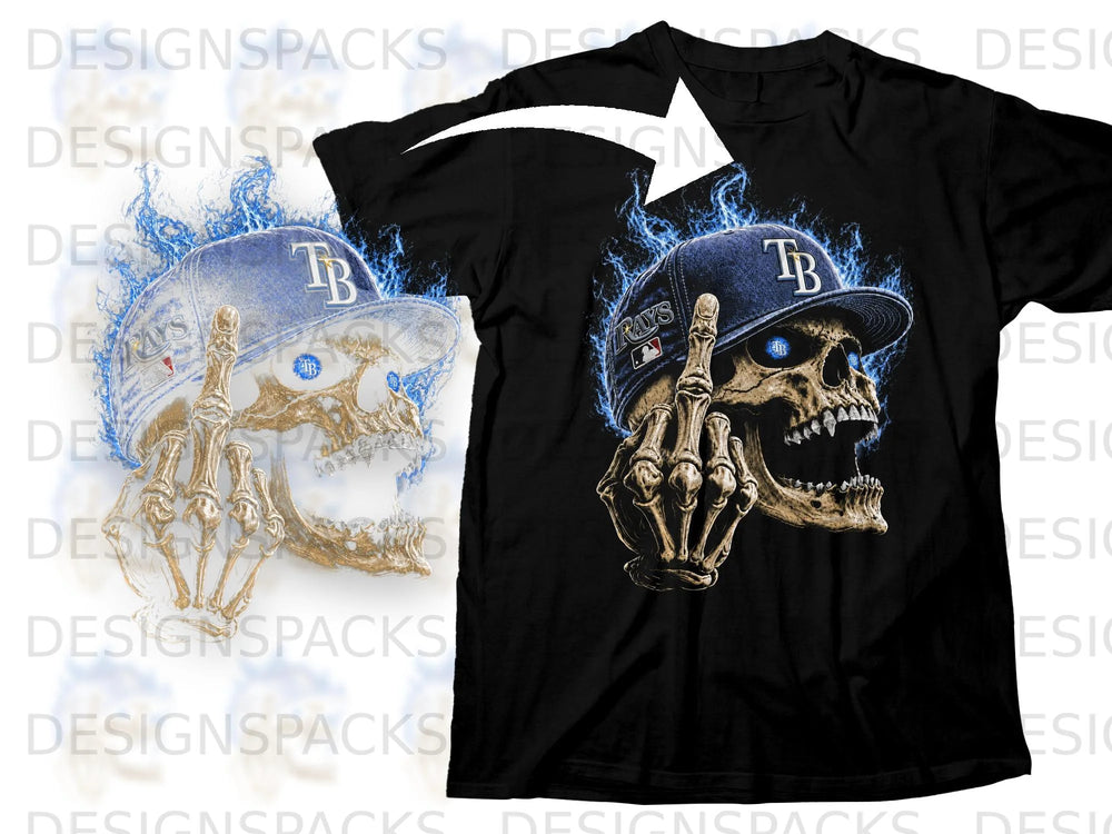 Skull with Tampa Bay Rays hat and blue flames on black t-shirt.