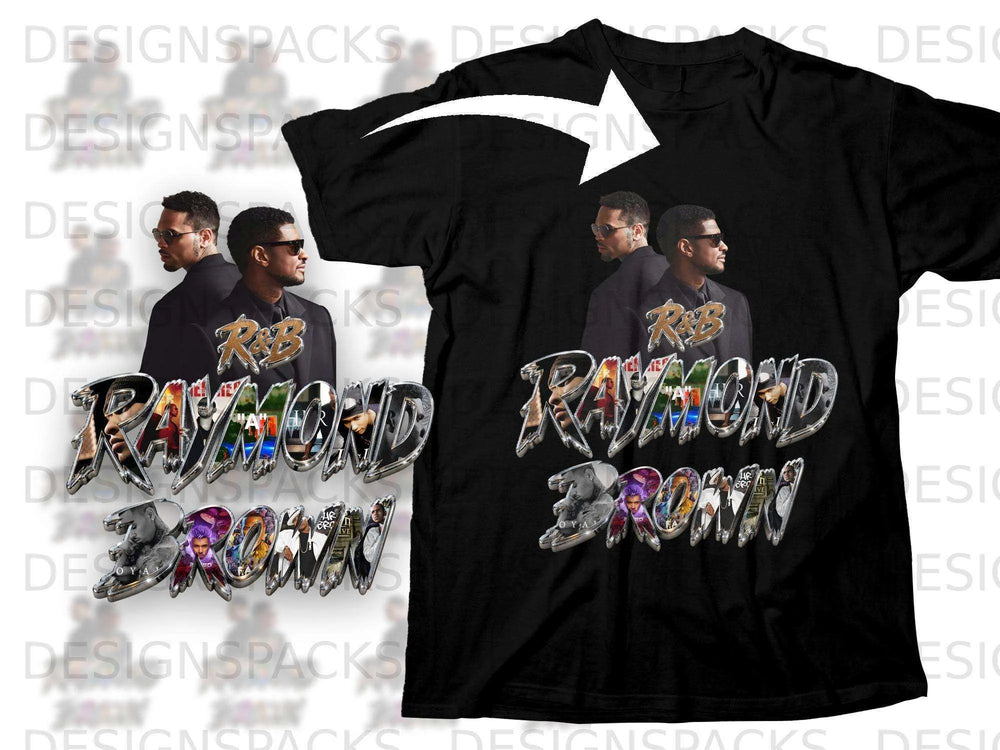 Black t-shirt with "Raymond" and "Brown" graphics featuring men's faces.