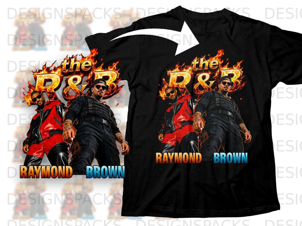 Black t-shirt featuring the text "the R&B" and "RAYMOND BROWN" with two men.