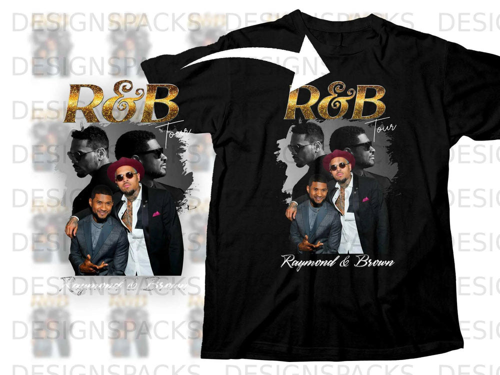 Black t-shirt with R&B Tour graphic featuring Raymond & Brown.
