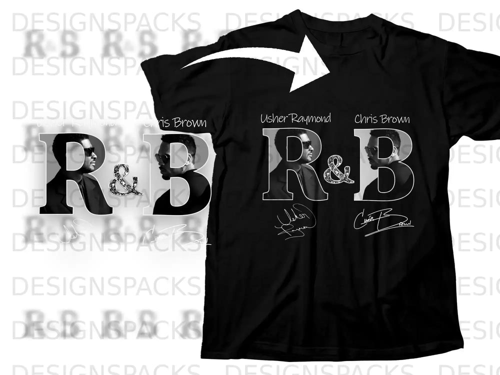 Black t-shirt with R&B graphic featuring Usher Raymond and Chris Brown autographs.