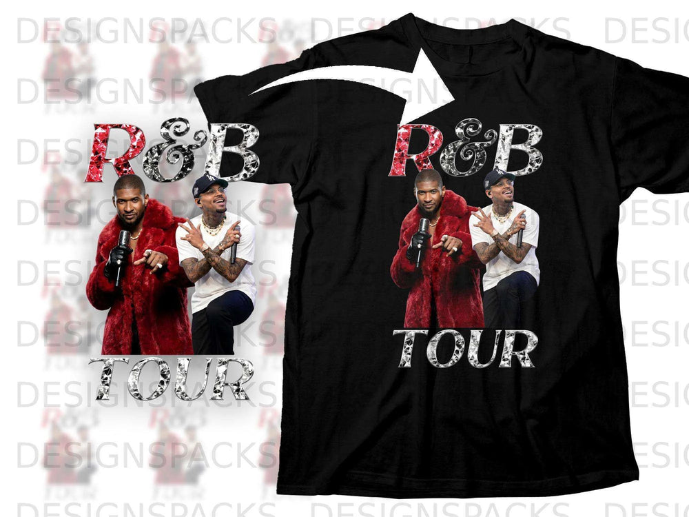 Black t-shirt with R&B Tour graphic featuring a man in a red fur coat.