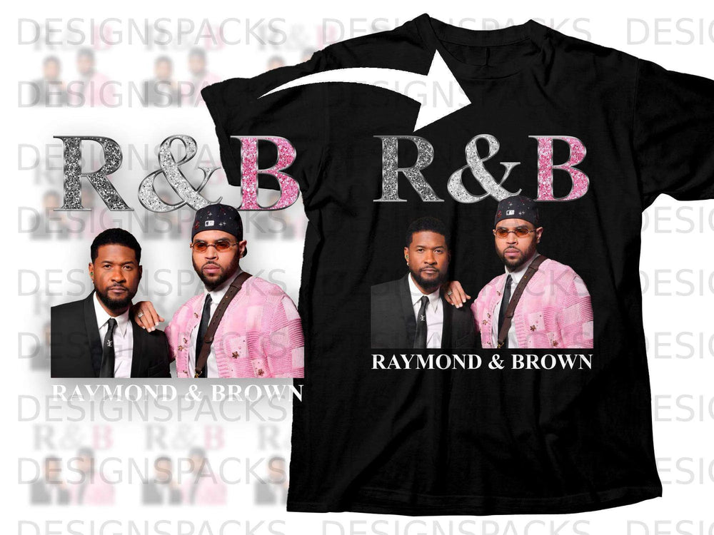 Black t-shirt with "R&B" graphic and photo of two men, text reads "RAYMOND & BROWN".