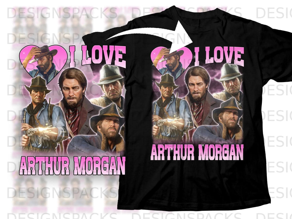 Black t-shirt with "I Love Arthur Morgan" graphic featuring multiple portraits of the character.