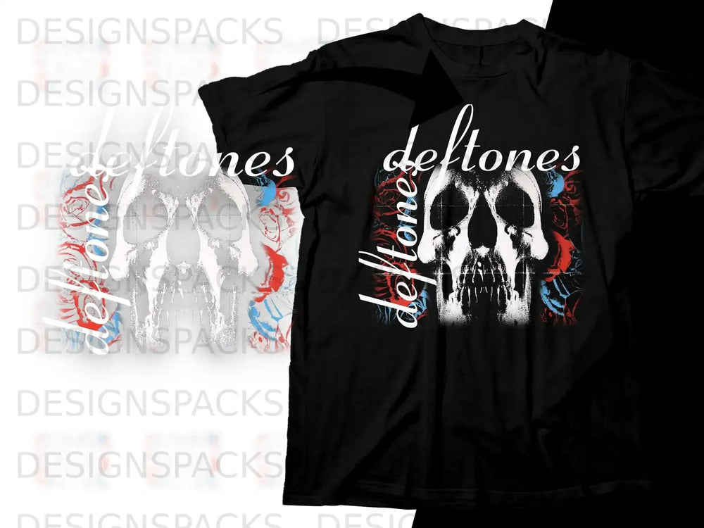 Black t-shirt with white Deftones skull graphic and red and blue floral accents.