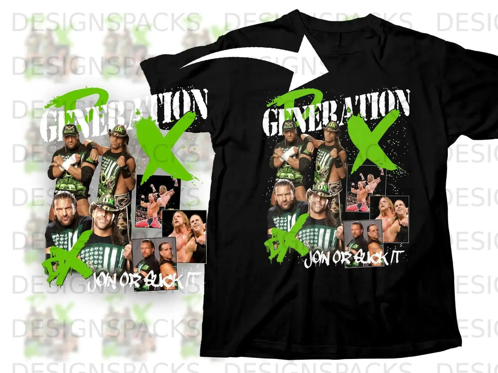 Black t-shirt featuring Generation K, Jon or Bukkit text, and wrestling imagery.