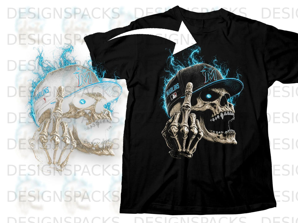Black t-shirt with a skull wearing a Marlins cap and skeletal hand giving middle finger.