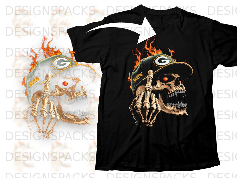 Black t-shirt featuring a flaming skull wearing a Green Bay Packers hat and giving the middle finger.