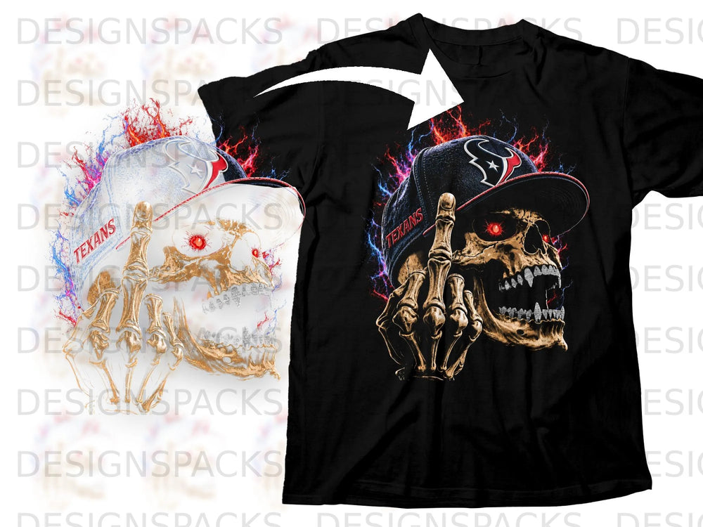 Skull with Texans cap, red eyes, and middle finger raised, on black t-shirt, with fiery effect.