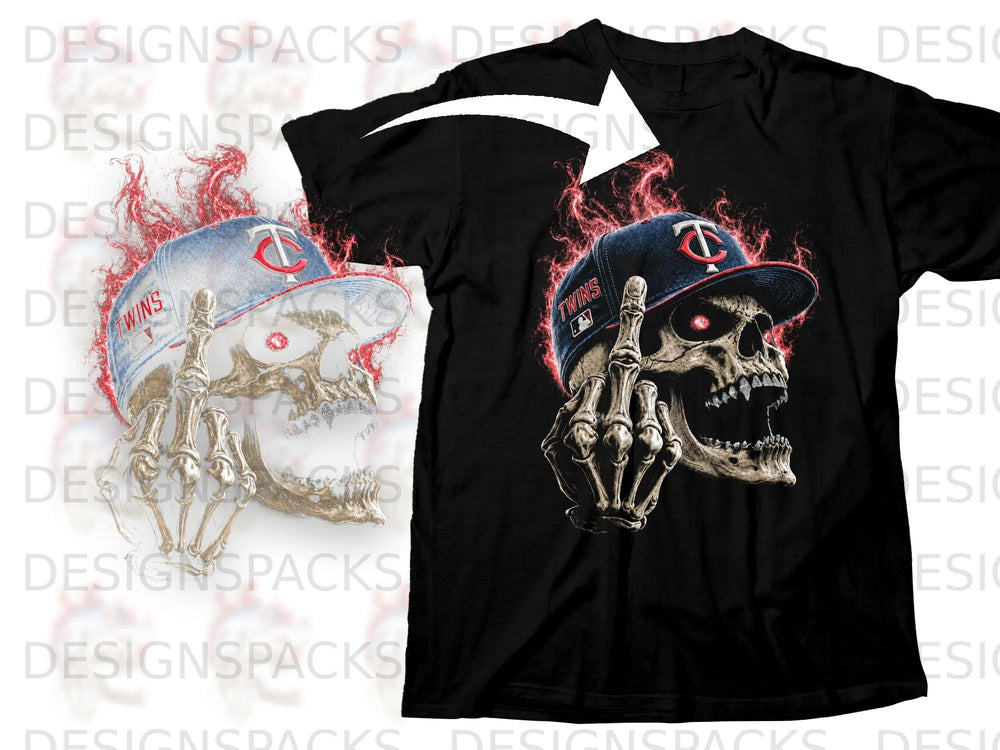 Skeleton with flaming skull and Twins baseball cap flips the middle finger.