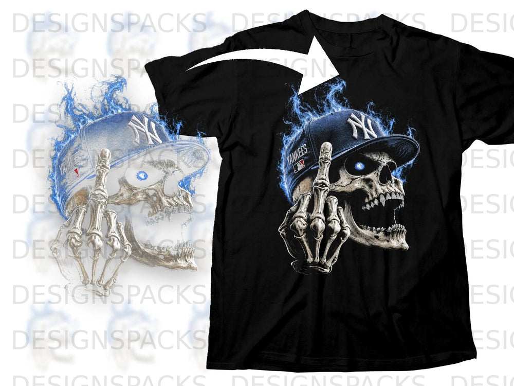 Black t-shirt featuring a skeletal skull with a Yankees cap and blue flames.