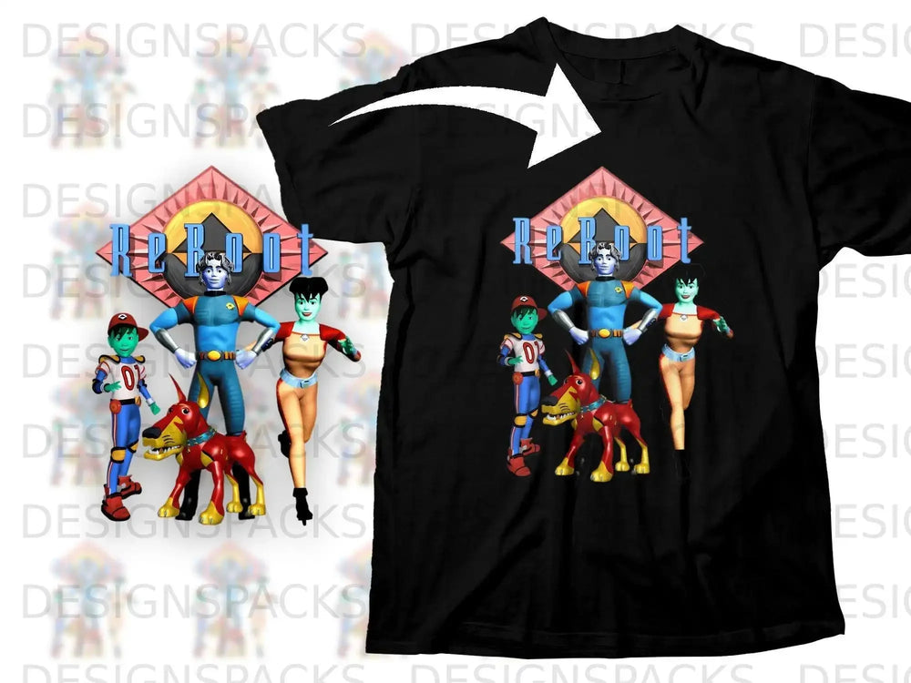ReBoot characters with dog on black t-shirt.