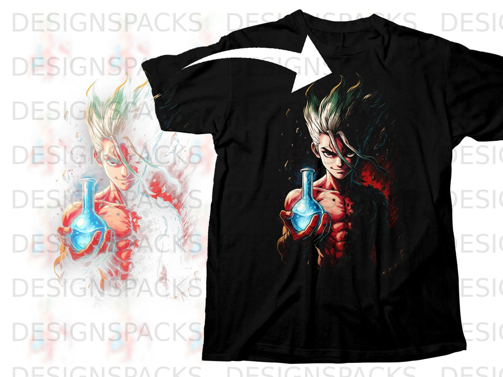 Senku Ishigami from Dr. Stone holding a blue glowing flask on a black t-shirt.
