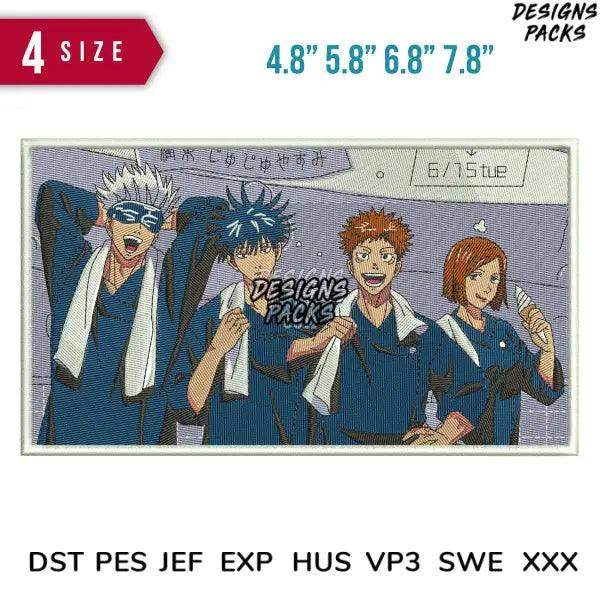 Anime embroidery design with 4 characters in blue uniforms, available in PES, DST, EXP formats for instant download