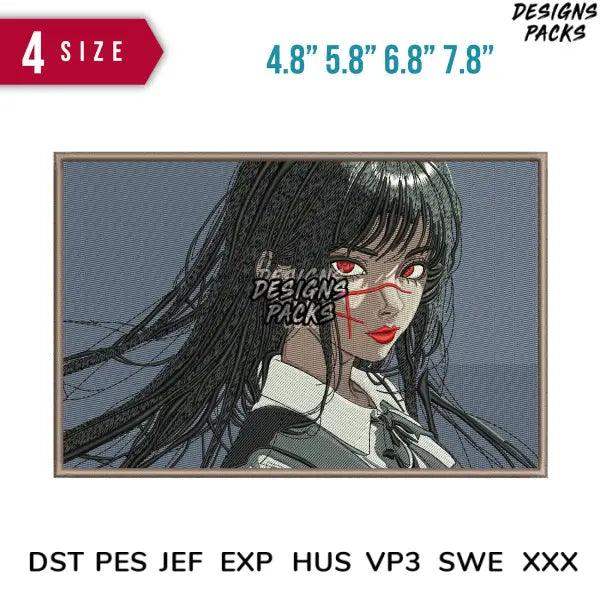 Anime girl embroidery design with red eyes, 4 sizes, DST PES JEF formats for instant download