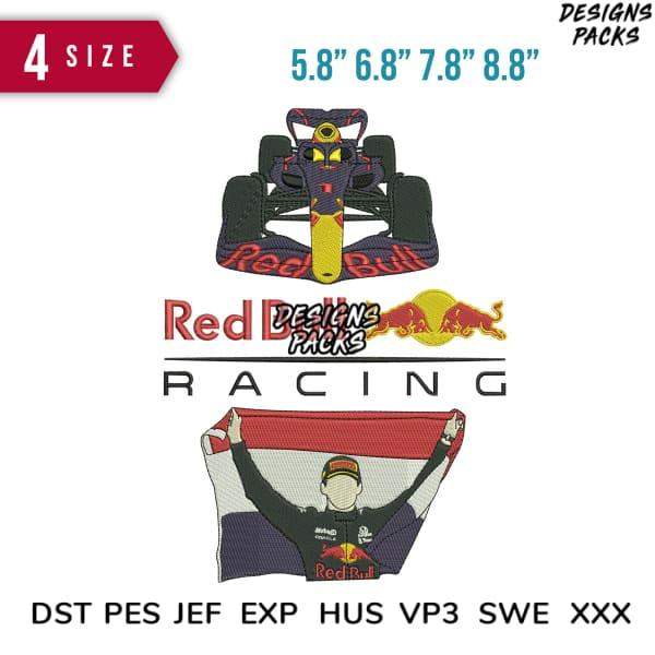 Red Bull Racing embroidery design with race car and driver, available in multiple sizes and formats