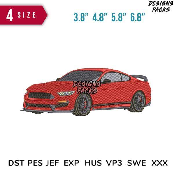 Red Mustang car embroidery design in 4 sizes, compatible with DST PES JEF formats for instant download.