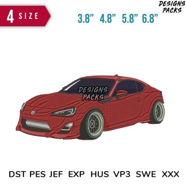 Red sports car embroidery design in 4 sizes, compatible with DST PES JEF formats for instant download