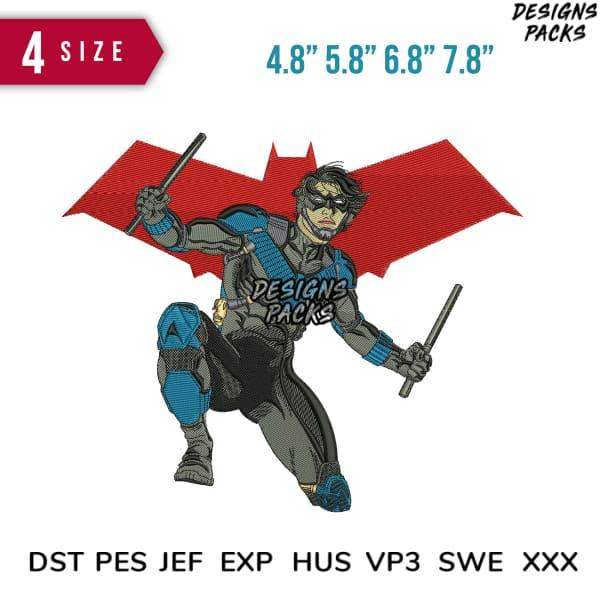 Nightwing embroidery design in 4 sizes, compatible with DST PES JEF formats for instant download