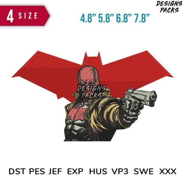 Red Hood embroidery design with bat wings, holding gun, available in 4 sizes, DST PES JEF formats