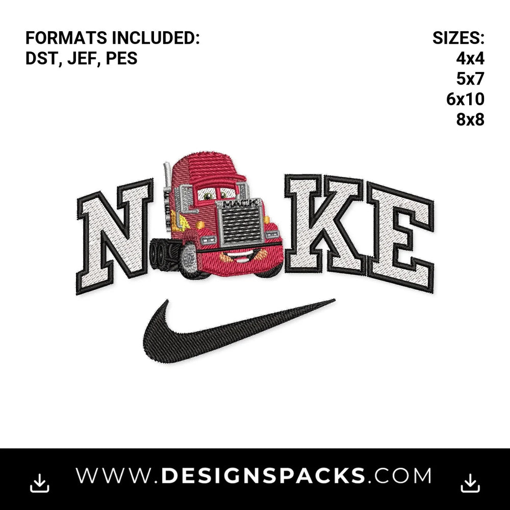 Red Mack Semi Truck Nike Swoosh Logo Embroidery Design - Instant digital download pattern at Designspacks.com
