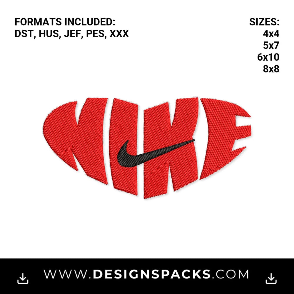 Red Nike Heart Logo with Black Swoosh Embroidery Design - Instant digital download pattern at Designspacks.com