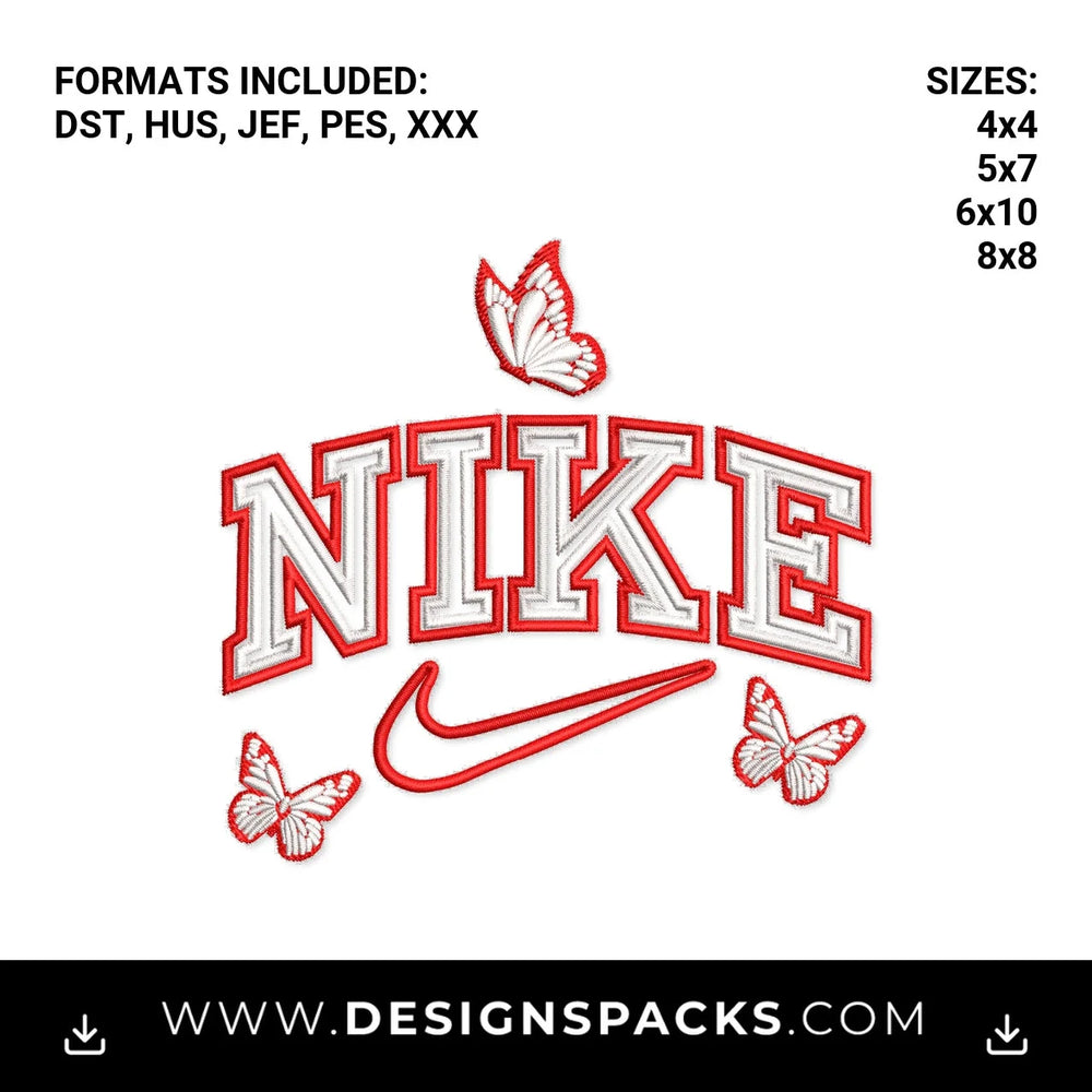 Red Nike Varsity Logo with Butterflies Embroidery Design - Instant digital download pattern at Designspacks.com