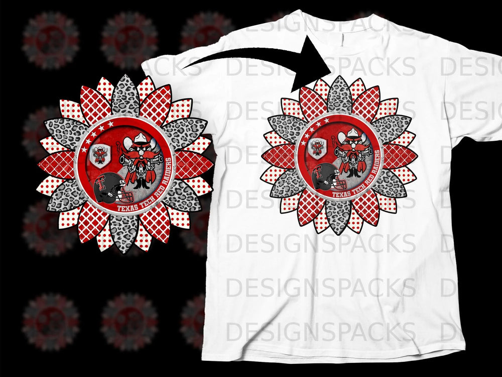 Texas Tech Red Raiders mascot sunflower graphic on a white t-shirt.