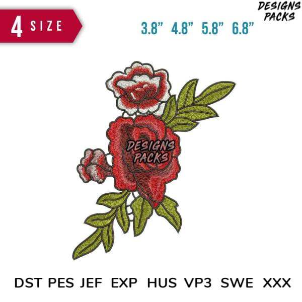 Red rose embroidery design with green leaves, available in multiple sizes and formats for instant download.