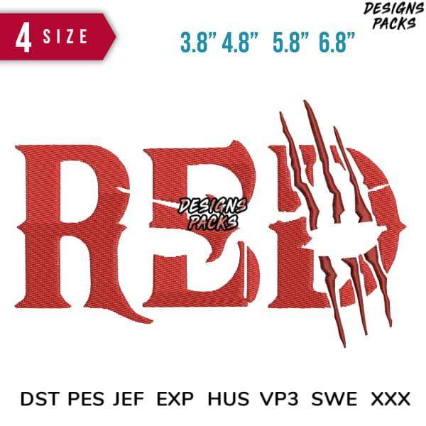 Red embroidery design with claw marks, available in multiple sizes and formats