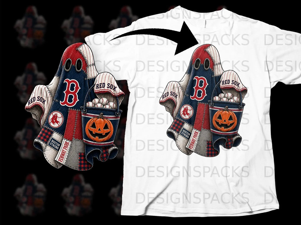 Boston Red Sox baseball ghost with pumpkin and baseball bucket.