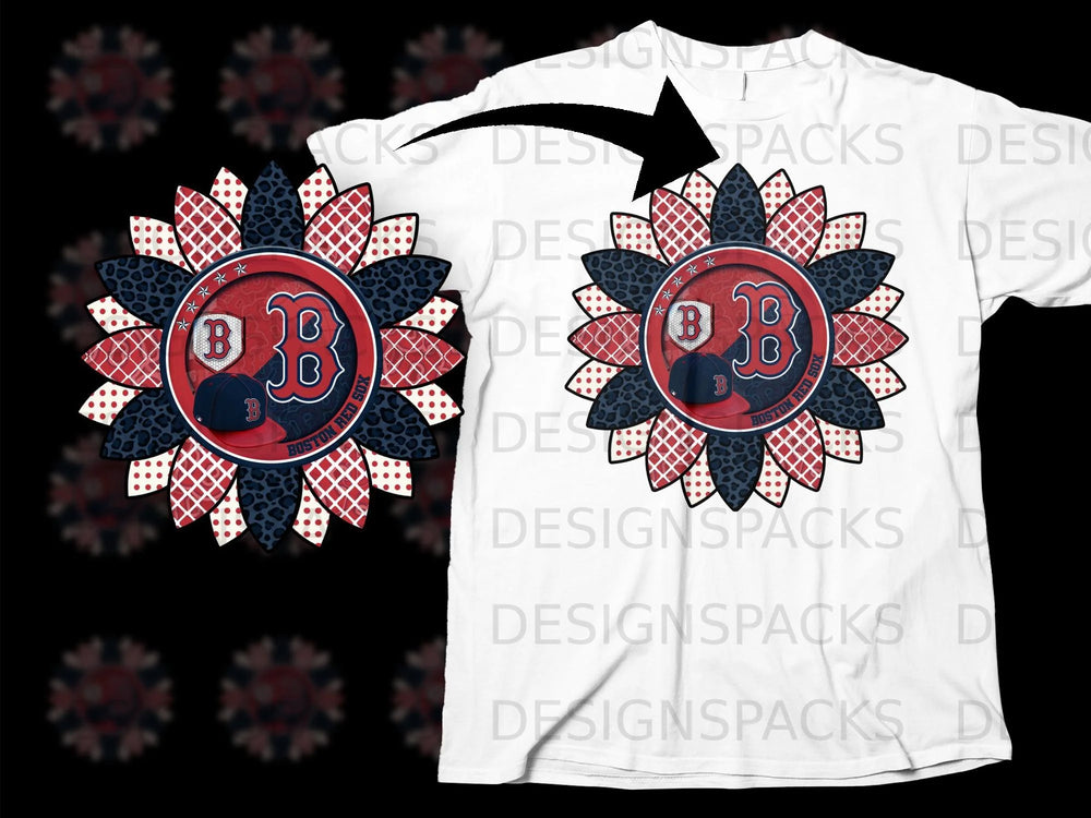 Boston Red Sox sunflower design and baseball cap on white t-shirt.