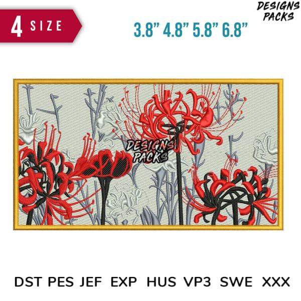 Red spider lily embroidery design in 4 sizes, compatible with DST PES JEF formats for machine embroidery.