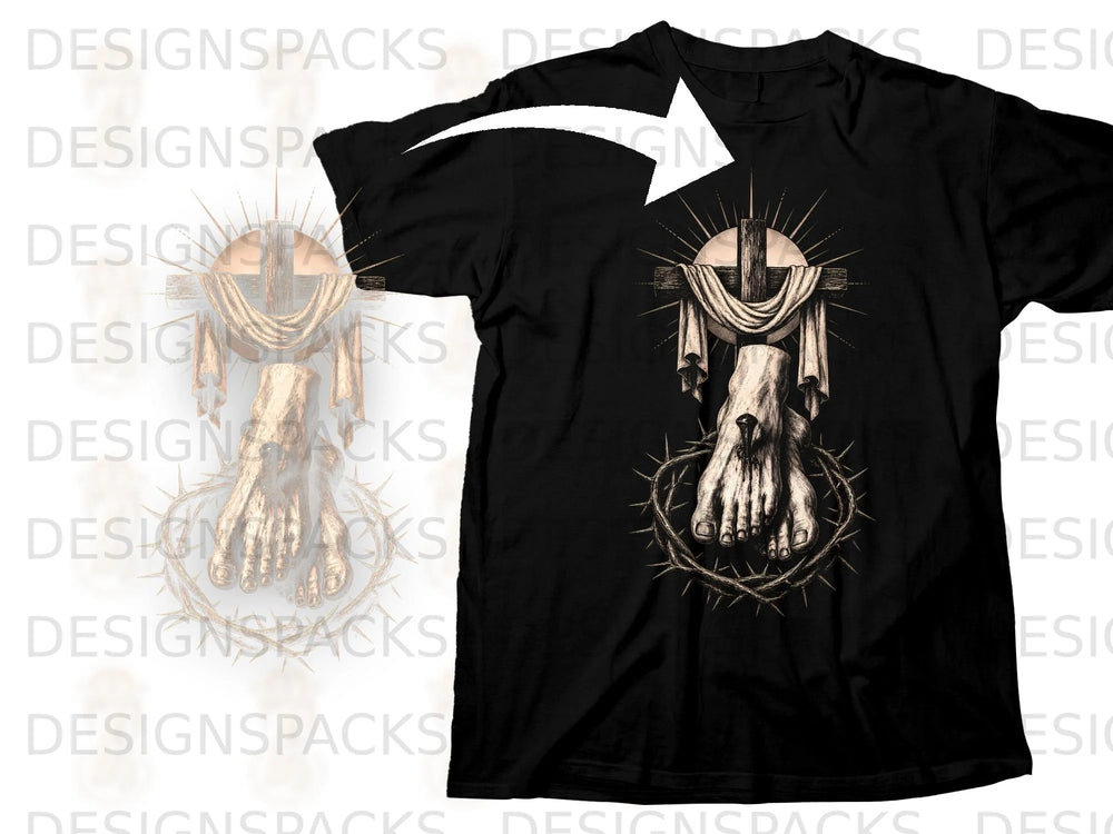 Black t-shirt with a graphic of Jesus' foot pierced by a nail on a cross surrounded by thorns.