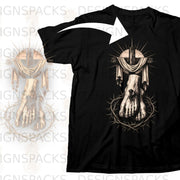 Black t-shirt with a graphic of Jesus' foot pierced by a nail on a cross surrounded by thorns.