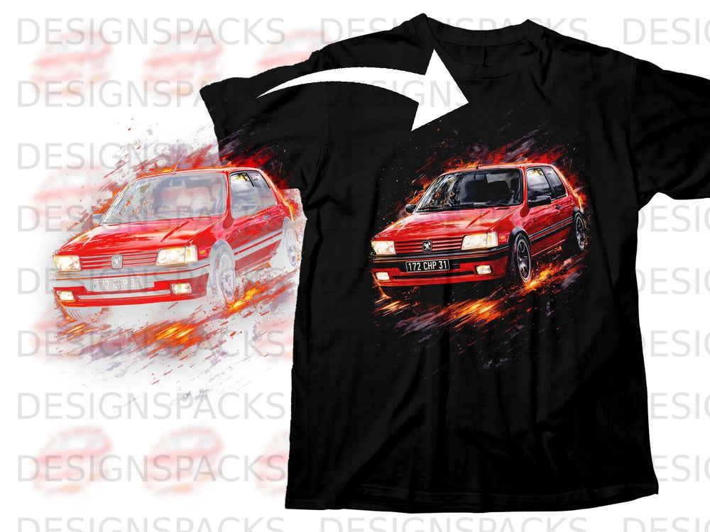 Red Peugeot 205 GTI on black t-shirt with flame graphic and license plate "172 CHP 31".