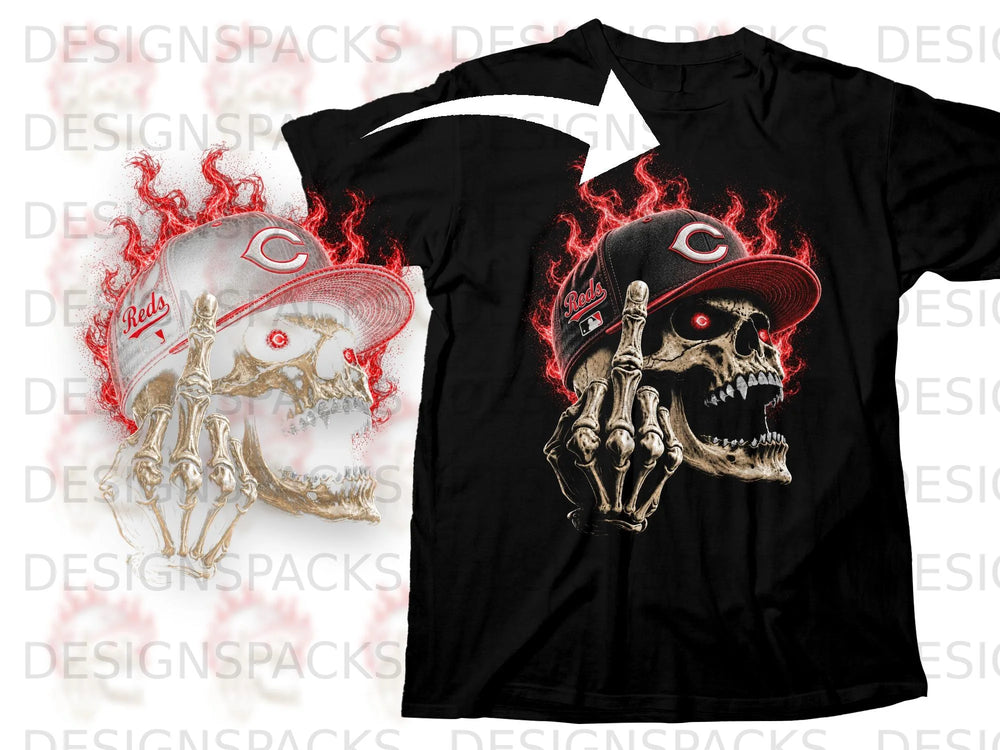 Black t-shirt with a flaming skull wearing a Reds baseball cap and giving the middle finger.